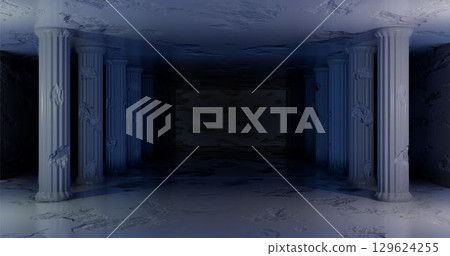 3d rendering. Marble carriage with damaged columns. Low light. Ruins of antiquity 129624255