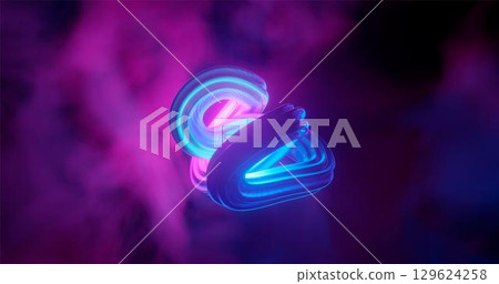 3d rendering. The deformed and curved torus is painted with multicolored neon flowers against a background of multicolored clouds. Graphic design 129624258