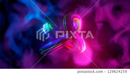 3d rendering. The deformed and curved torus is painted with multicolored neon flowers against a background of multicolored clouds. Graphic design 129624259