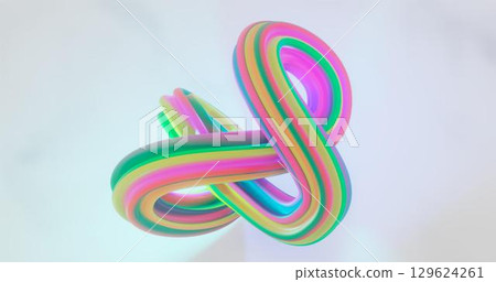 3d rendering. Twisted torus with multi-colored diagonal stripes on a white isolated background. Graphic illustration for your business. 3d rendering. Twisted torus with multi-colored diagonal stripes on a white isolated background. Graphic illustration for your business. 129624261