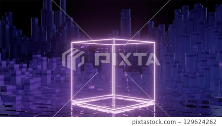 3d rendering. geometric figure of cubic shape on the background of hexagonal pillars. Graphic illustration for your business. 3d rendering. geometric figure of cubic shape on the background of hexagonal pillars. Graphic illustration for your business. 129624262
