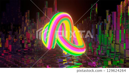 3d rendering. Twisted torus with various-colored diagonal stripes against the background of hex posts. Graphic illustration for your business. 3d rendering. Twisted torus with various-colored diagonal stripes against the background of hex posts. Graphic illustration for your business. 129624264