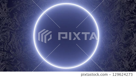 3d rendering. Neon glowing circle or hoop against the background of a relief texture. Graphic illustration for your business. 3d rendering. Neon glowing circle or hoop against the background of a relief texture. Graphic illustration for your business. 129624273