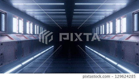 3d rendering. The fantastic corridor of the space station or the futuristic interior of the space ship in light blue neon lighting. Graphic illustration. 3d rendering. The fantastic corridor of the space station or the futuristic interior of the space ship in light blue neon lighting. Graphic illustration. 129624285