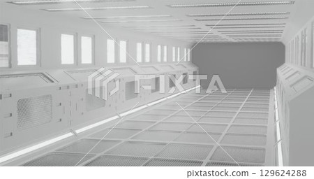 3d rendering. The fantastic corridor of the space station or the futuristic interior of the spacecraft in white neon lighting. Graphic illustration. 129624288