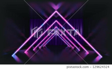 3D Rendering. Geometric figure in neon light against a dark tunnel. Laser glow. 3D Rendering. Geometric figure in neon light against a dark tunnel. Laser glow. 129624324