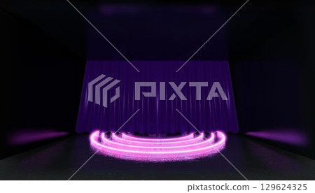 3D rendering. Geometric figure in neon light against a dark theatrical stage with a curtain. Laser glow. 129624325
