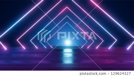 3D Rendering. Geometric figure in neon light against a dark tunnel. Laser glow. 129624327