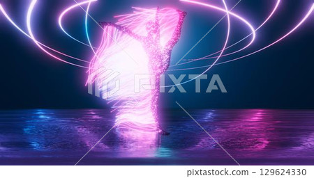 The figure of a gymnast from points of outgoing rays on the stage in a bright neon glow. 3d geometric background for business presentation. 129624330