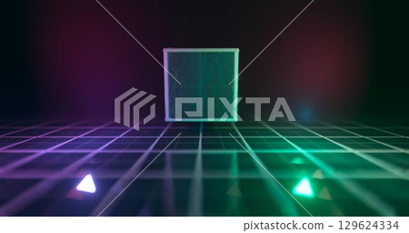 3D Rendering. Geometric figure in neon light against a dark tunnel. Laser glow. 3D Rendering. Geometric figure in neon light against a dark tunnel. Laser glow. 129624334
