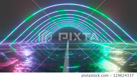 3D Rendering. Geometric figure in neon light against a dark tunnel. Laser glow. 3D Rendering. Geometric figure in neon light against a dark tunnel. Laser glow. 129624337