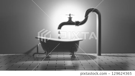 3d rendering. Interior bathroom with bathtub, faucet, and sewer pipes. Black and white colors. Abstract illustration. Background 129624365