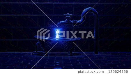 3d rendering. Interior bathroom with bathtub, faucet, and sewer pipes. Night scene with neon contour lines. Abstract illustration. Background 3d rendering. Interior bathroom with bathtub, faucet, and sewer pipes. Night scene with neon contour lines. Abstract illustration. Background 129624366