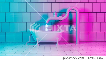 3d rendering. The bathroom is equipped with a bathtub, faucet, and sewer pipes in blue and rosy tones. Abstract illustration. Background 3d rendering. The bathroom is equipped with a bathtub, faucet, and sewer pipes in blue and rosy tones. Abstract illustration. Background 129624367