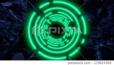 3d render. Geometric figure in neon light against a dark tunnel. Laser line glow. Neon backgrounds 3d render. Geometric figure in neon light against a dark tunnel. Laser line glow. Neon backgrounds 129624368
