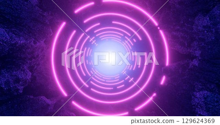 3d render. Geometric figure in neon light against a dark tunnel. Laser line glow. Neon backgrounds 129624369