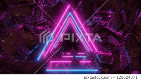 3D rendering, abstract background, space landscape, triangular portal, pink blue neon light, virtual reality, energy source, glowing corridor, dark space, ultraviolet spectrum, laser, smoke, fog, 129624371