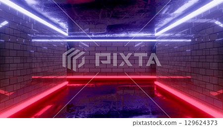3d rendering. Underground tunnel or corridor lit with bright neon lamps. Futuristic background. Dark dungeon. 129624373