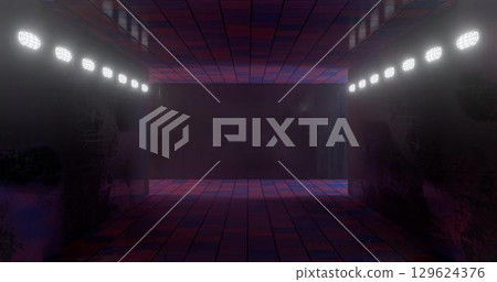 3d rendering. Underground tunnel or corridor lit with bright neon lamps. Futuristic background. Dark dungeon. 3d rendering. Underground tunnel or corridor lit with bright neon lamps. Futuristic background. Dark dungeon. 129624376