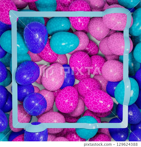 3d rendering. Illustration of easter eggs of blue, blue and pink color. Blue ribbon in the form of a frame. Festive background 129624388
