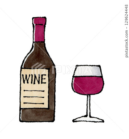 Red wine bottle and wine glass 129624448