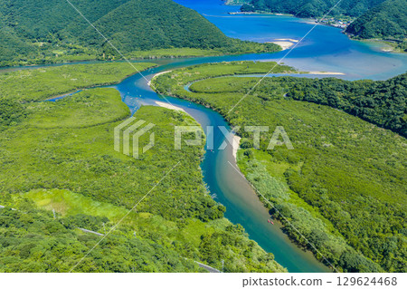 Amami Oshima Mangrove Forest - Aerial view of vibrant midsummer colors of trees and river 129624468