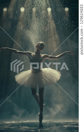 beautiful ballet dancer woman at dark stage with illuminated backlight, graceful and elegant female ballerina dancing at scene beautiful ballet dancer woman at dark stage with illuminated backlight, graceful and elegant female ballerina dancing at scene 129624883