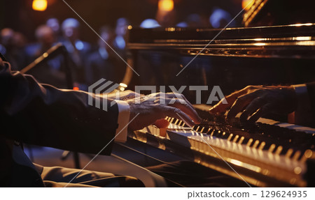 pianist playing on piano at dark stage closeup, man play at performance on grand piano keys close-up, fingers and hand with white and black keys close up 129624935