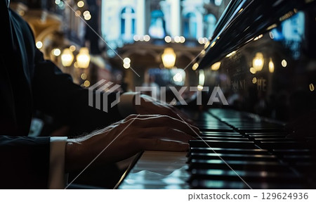 pianist playing on piano at dark stage closeup, man play at performance on grand piano keys close-up, fingers and hand with white and black keys close up 129624936