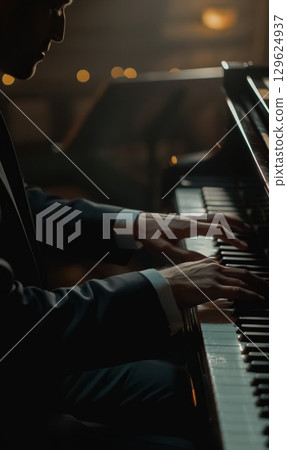 pianist playing on piano at dark stage closeup, man play at performance on grand piano keys close-up, fingers and hand with white and black keys close up 129624937