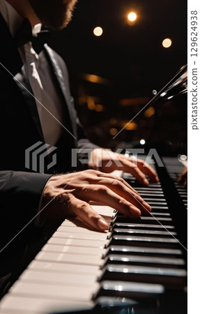 pianist playing on piano at dark stage closeup, man play at performance on grand piano keys close-up, fingers and hand with white and black keys close up 129624938