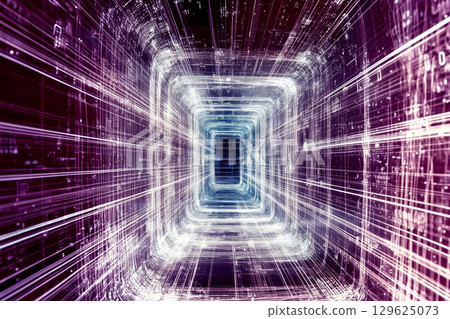 Abstract visualization of a dynamic tunnel with complex digital routes 129625073