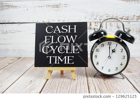 Cash Flow Cycle Time text with easel and alarm clock on wooden background 129625125