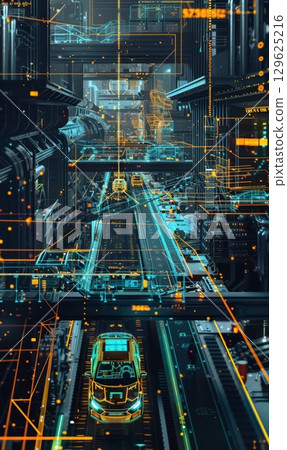 hologram of car assembly plant with modern robotic arms and production lines, futuristic automated factory concept 129625216