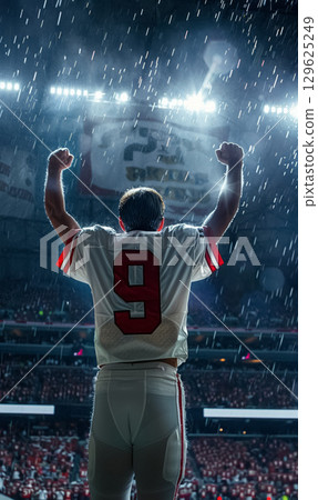 american football or rugby player man celebrating goal and raising hand at stadium, championship and winning concept 129625249