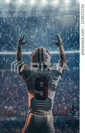 american football or rugby player man celebrating goal and raising hand at stadium, championship and winning concept 129625250
