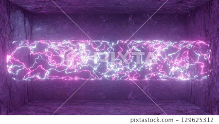 3D rendering. Geometric figure in neon light on a dark room. Electric line of lightning glow. Neon abstract backgrounds 129625312