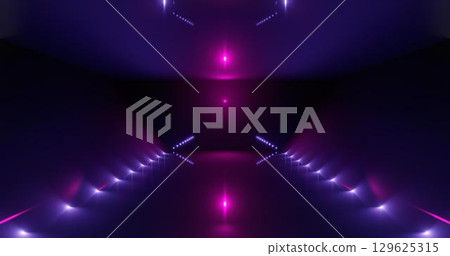 3d rendering. Futuristic glowing corridor or tunnel. Neon scene. Light flare and hatching. 129625315