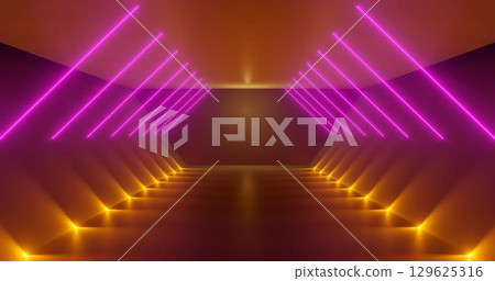 3d rendering. Futuristic glowing corridor or tunnel. Neon scene. Light flare and hatching. 129625316