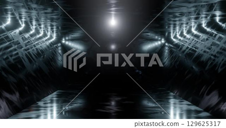 3d rendering. Futuristic glowing corridor or tunnel. Neon scene. Light flare and hatching. 3d rendering. Futuristic glowing corridor or tunnel. Neon scene. Light flare and hatching. 129625317