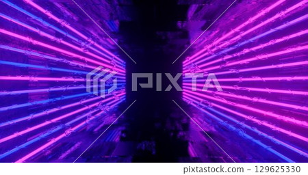 3d render. Geometric figure in neon light against a dark tunnel. Laser line glow. Neon backgrounds 3d render. Geometric figure in neon light against a dark tunnel. Laser line glow. Neon backgrounds 129625330