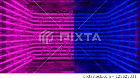 3d render. Geometric figure in neon light against a dark tunnel. Laser line glow. Neon backgrounds 3d render. Geometric figure in neon light against a dark tunnel. Laser line glow. Neon backgrounds 129625331