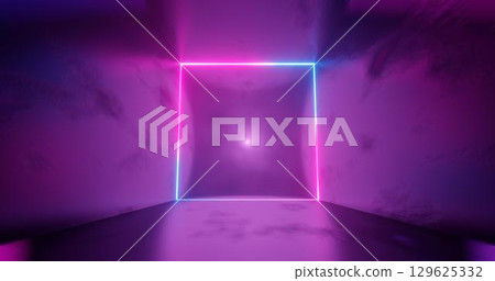 3d render. Geometric figure in neon light against a dark tunnel. Laser line glow. Neon backgrounds 129625332