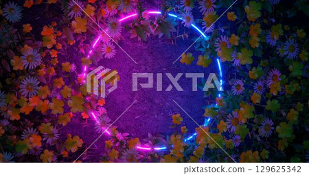 3d render. Neon hoop or circle in the wildflowers. Nature in vibrant neon colors. 129625342