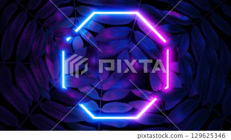 3D render. Neon polygon or rhombus in tropical leaves. Nature in bright neon colors. 3D render. Neon polygon or rhombus in tropical leaves. Nature in bright neon colors. 129625346