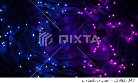 3D render. Glowing neon particles in tropical leaves. Nature in bright neon colors. 3D render. Glowing neon particles in tropical leaves. Nature in bright neon colors. 129625347