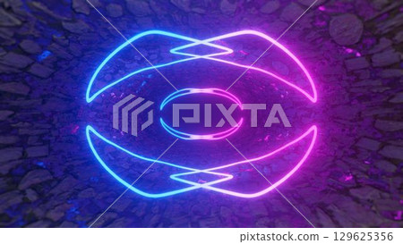 3d Rendering. Geometric figure in neon light against a dark tunnel. Laser glow. Neon backgrounds 3d Rendering. Geometric figure in neon light against a dark tunnel. Laser glow. Neon backgrounds 129625356