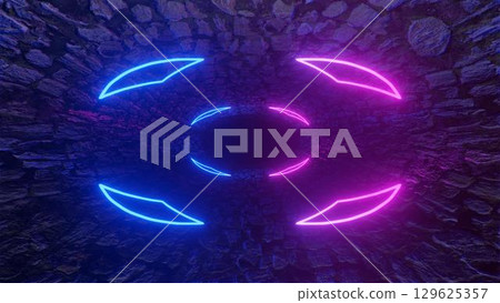 3d Rendering. Geometric figure in neon light against a dark tunnel. Laser glow. Neon backgrounds 129625357