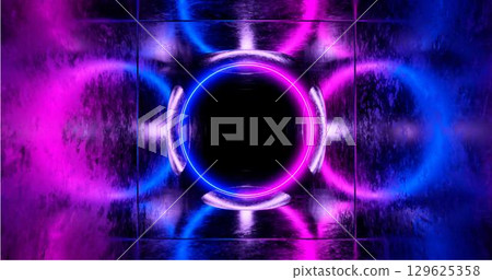 3d Rendering. Geometric figure in neon light against a dark tunnel. Laser glow. Neon backgrounds 3d Rendering. Geometric figure in neon light against a dark tunnel. Laser glow. Neon backgrounds 129625358