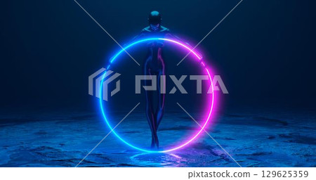 3d rendering. The girl who holds a glowing neon hoop in her hands, which stands on a stone floor. Weak neon lighting with a deep blue background. 3d rendering. The girl who holds a glowing neon hoop in her hands, which stands on a stone floor. Weak neon lighting with a deep blue background. 129625359